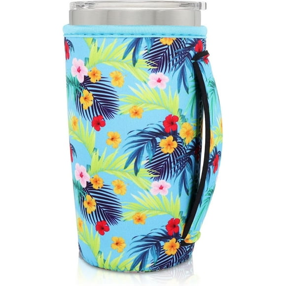 SHILIU-Neoprene Insulated Sleeves Cup Holder with Handle for 20oz Tumbler Cups, Reusable Iced Coffee Sleeve Compatible with Starbucks Trenta, Dunkin Large, More(Blue Flowers)