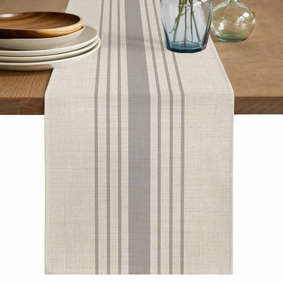 Grey Striped Table Runner, Beige Geometric Modern Minimalist Washable Cotton Linen Table Runners 108 Inches Long, Dresser Scarf Runner for Dining/Living Room/Kitchen/Square Tables 13''x108''