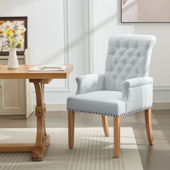 Fabric Upholstered Dining Chair with Arms, Tufted High Back Accent Coffee Armchair for Kitchen Dining Room Living Room, Sky Blue