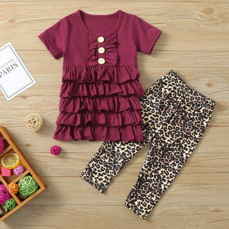 

BadyminCSL Toddler Kids Baby Girls Tiered Long Tops Tee Leopard Leggings Pants Set Outfits