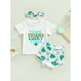 thumbnail image 3 of Blotona Toddler Baby Girl St. Patrick's Day Suits Letter Print Short Sleeve Crew Neck T-Shirts Green Clover Print Shorts Bow Headband Irish Day 3Pcs Set, 3 of 10