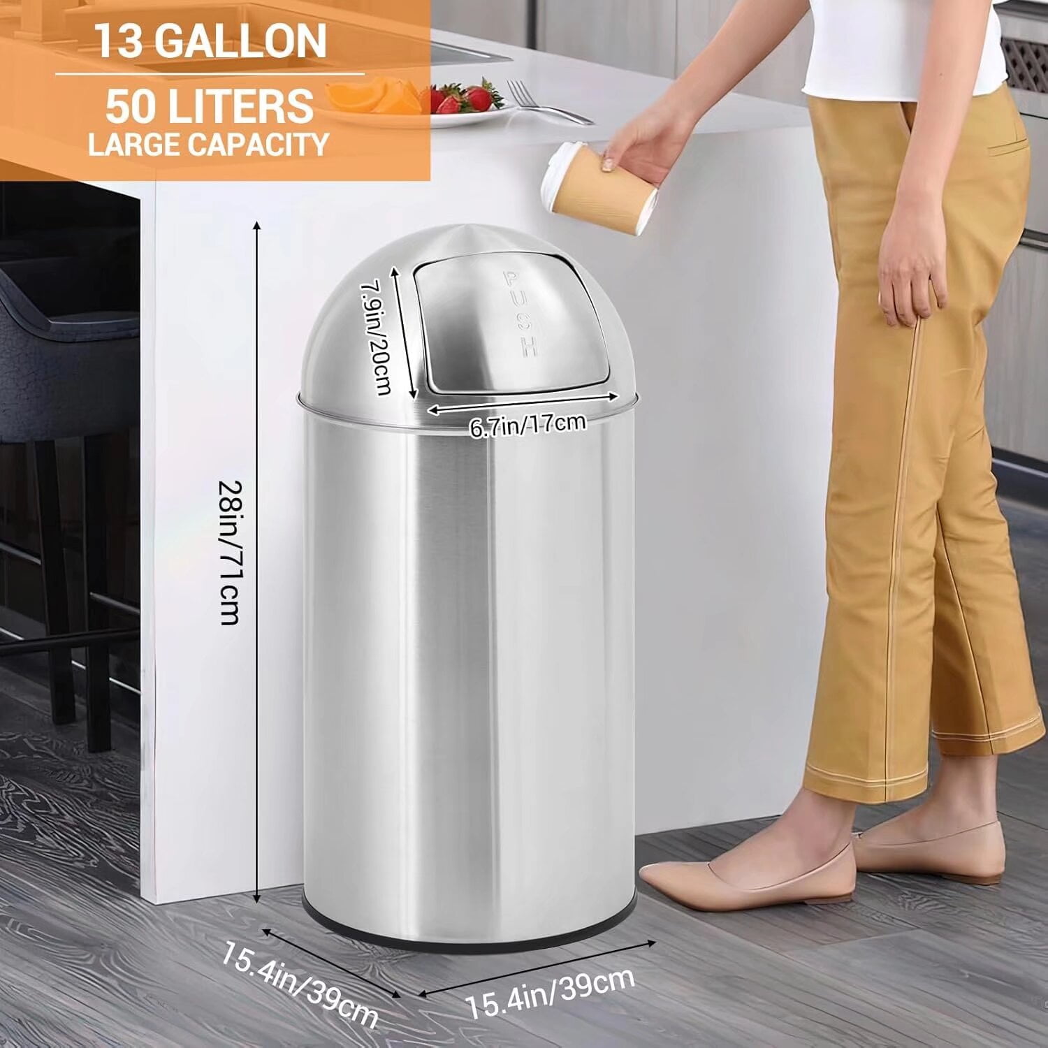 Garvee Commercial Classic Outdoor/Indoor Trash Can With Push Lid, Round, 13-Gallon, Stainless Steel Garbage Container Trash Bin For Lobby, Office, Restroom