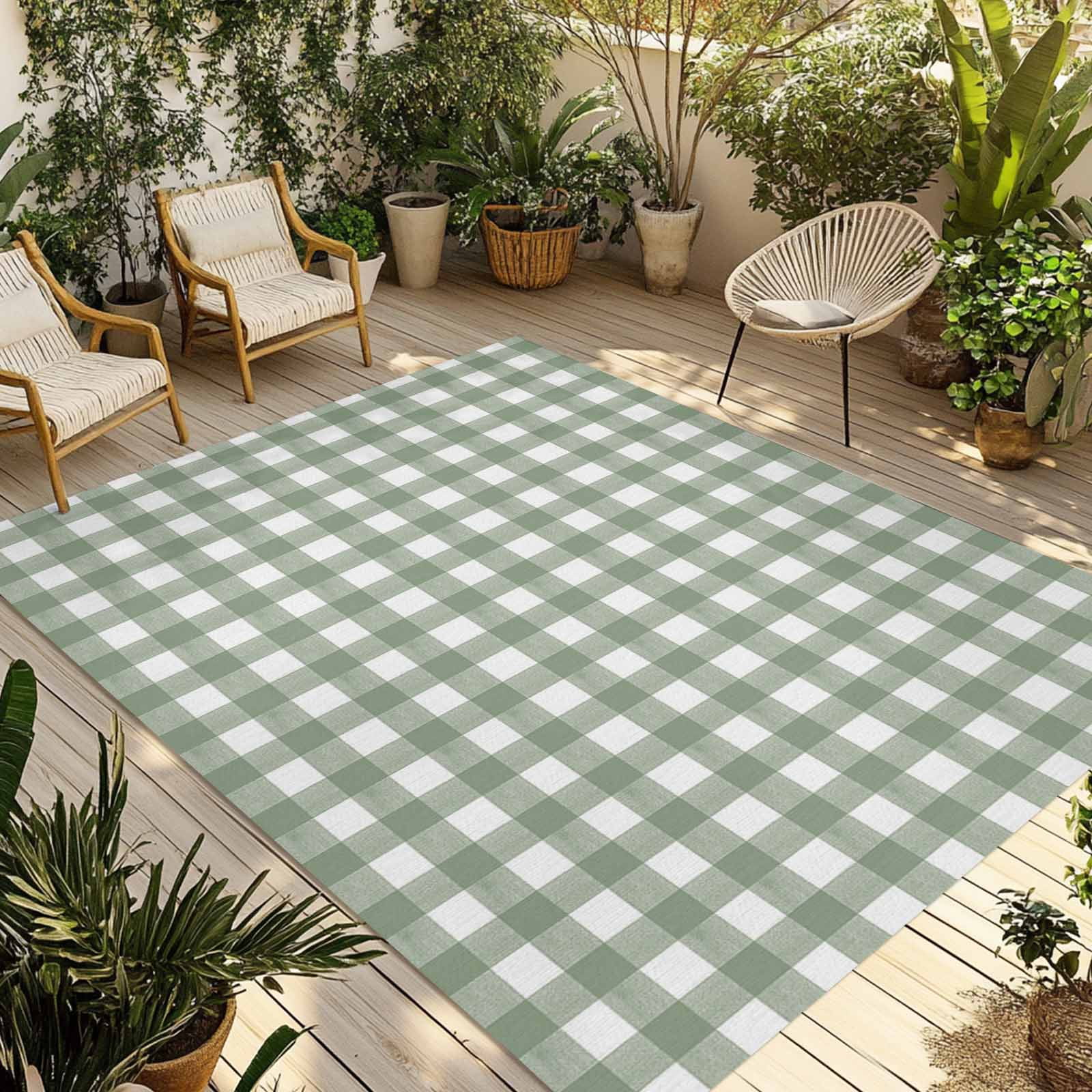 Outdoor Rug 6x9 ft Rustic Checkered Plaid Waterproof Outdoor Patio Rug Mat Non Slip Outside Area Rugs Carpet for RV,Camping,Porch,Deck,Pool,Balconybackyard,Sage Green