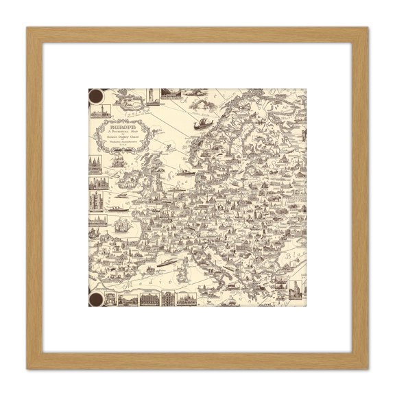 1938 Ernest Dudley Chase Pictorial Map Of Europe 8X8 Inch Square Wooden Framed Wall Art Print Picture with Mount