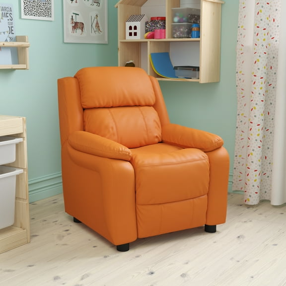 BizChair Deluxe Padded Contemporary Orange Vinyl Kids Recliner with Storage Arms