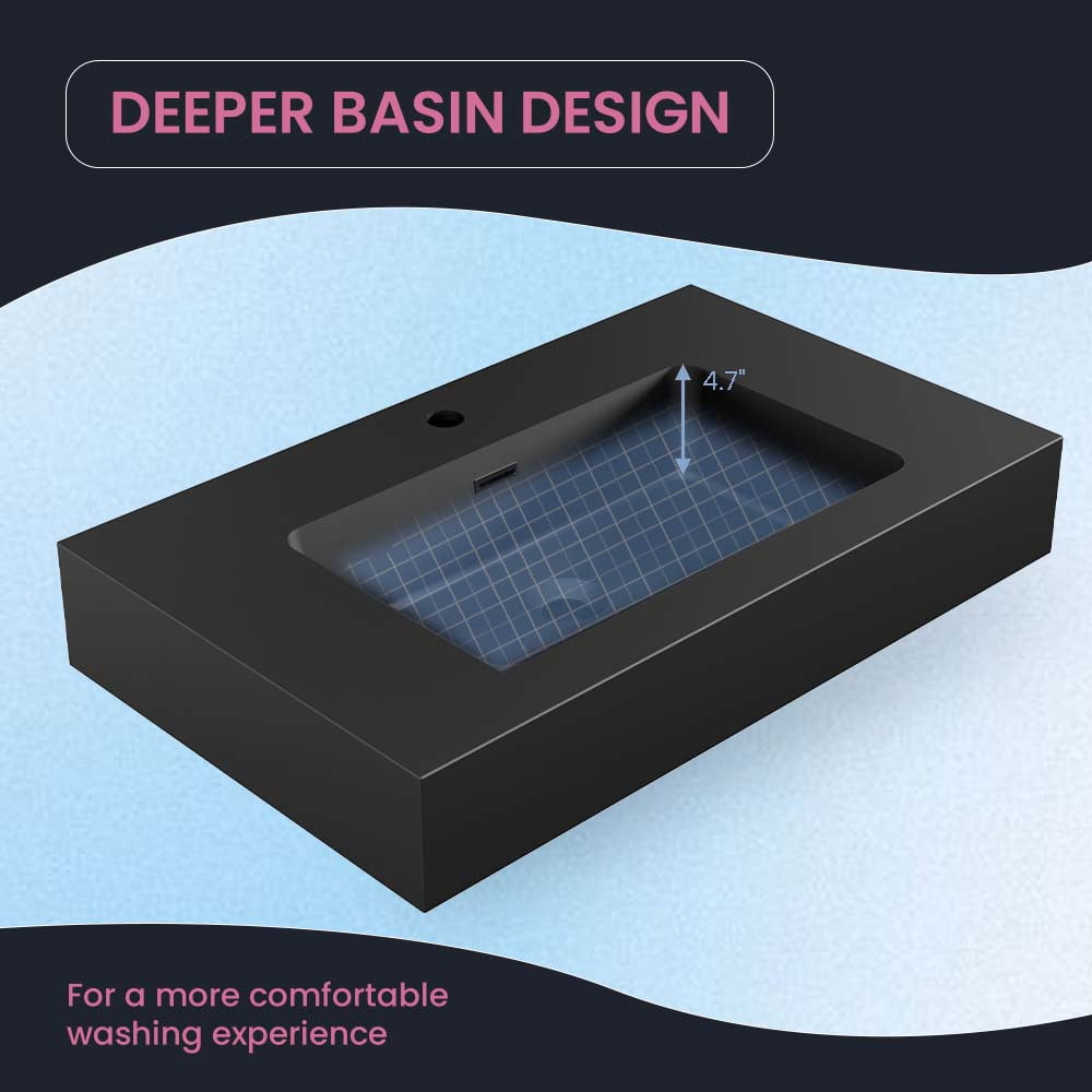 CITTANEO 30 inch matt black Integrated engineered quartz sink - Vessel Bathroom Vanity Basin Without Drain and Faucet