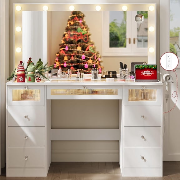 DIYSET 43" Makeup Vanity Desk with Lights and Mirror, 12 Bulb Hollywood Vanity with Glass Top, 9 Drawer Storage, Built-In Charging Station, Large HD Mirror for Bedroom