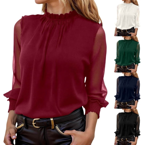 CAIXIA Womens Chiffon Blouse Long Sleeve High Neck Sheer Mesh Elegant Work Office Dressy Top with Smocked Cuffs Business