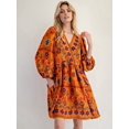 thumbnail image 4 of Women'S V-Neck Long Sleeve Printed Short Dress Loose Casual Bohemian Style Mini Beach Dress Orange L, 4 of 9