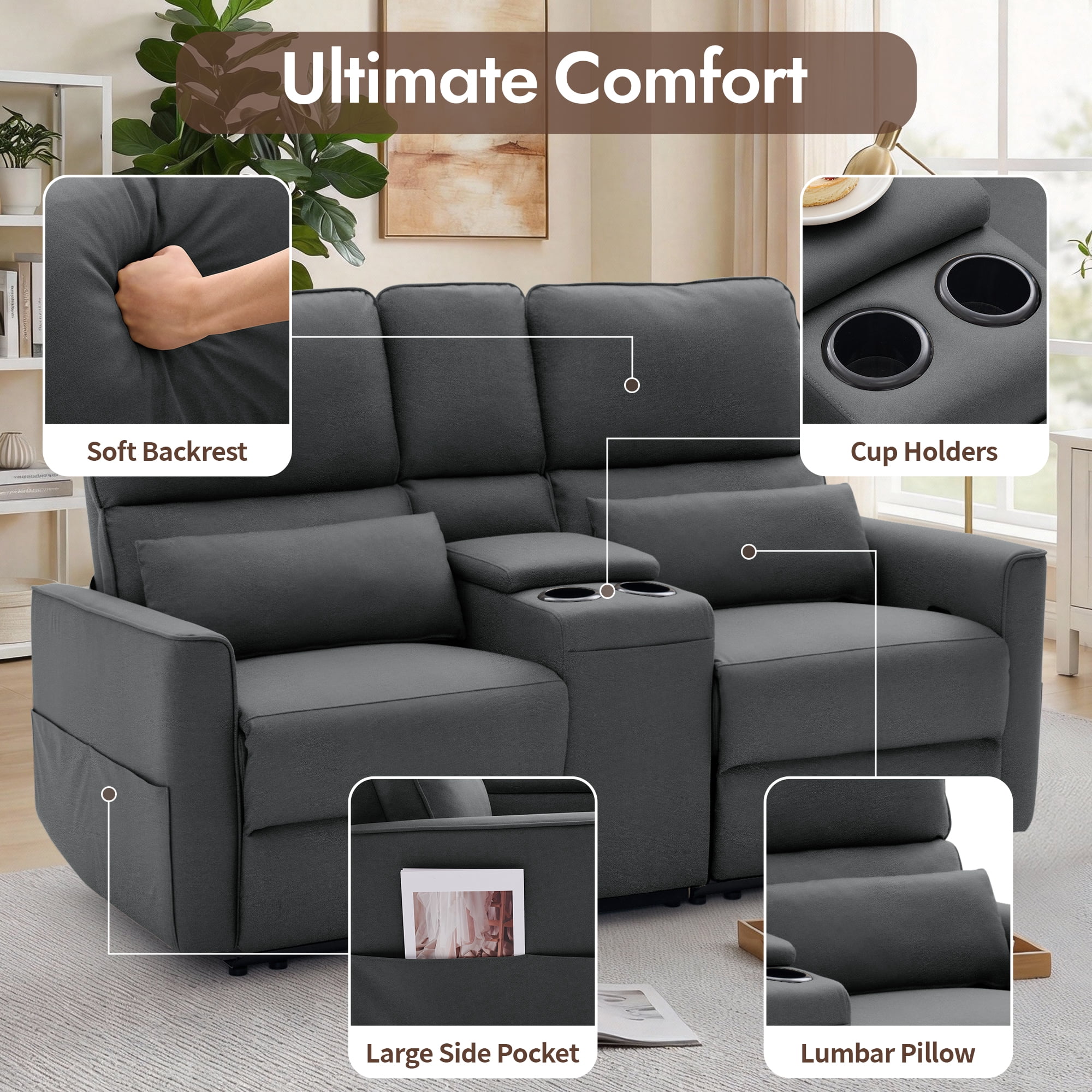 Korser 2-Seater Recliner Sofa with Pillow,Double Recliner Loveseat with Storage Console, Side Pockets, Cup Holders Manual Recliner Sofa for Living Room,Dark Grey