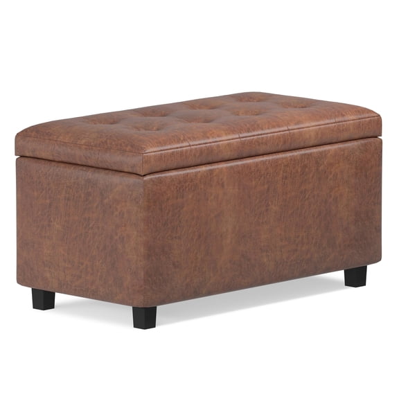Cosmopolitan 34 inch Wide Storage Ottoman in Distressed Saddle Brown Vegan Leather