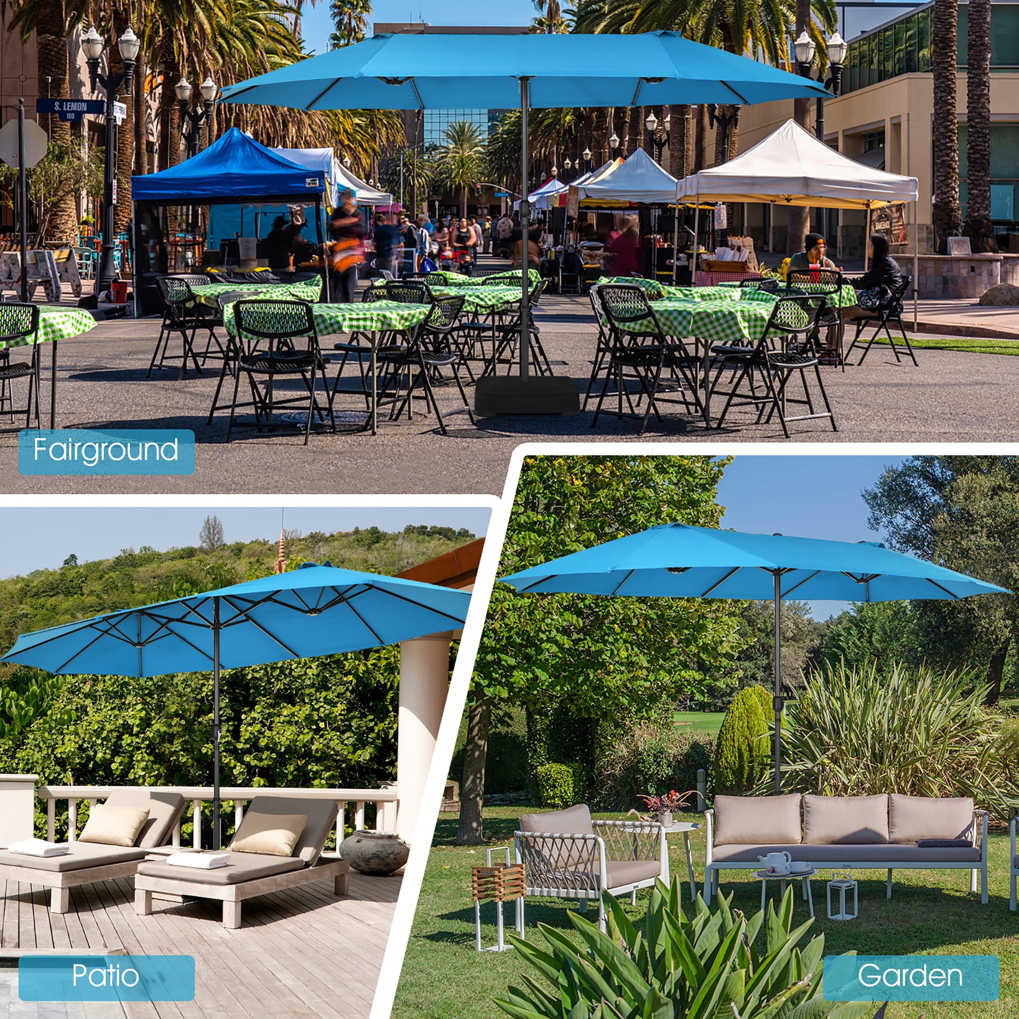 Costway 15ft Blue Patio Double-Sided Market Umbrella, Crank Lift