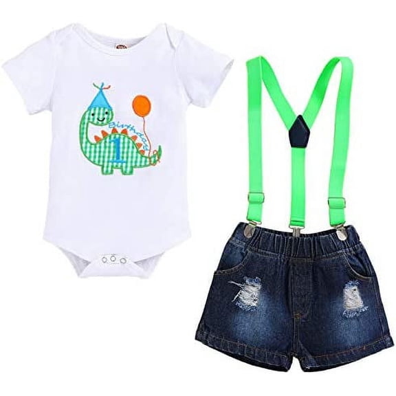 GRNSHTS Baby Boys 1st Birthday Shark Outfit Short Sleeve Shark Romper Suspenders Ripped Denim Pants Clothes Set 12-18 Months