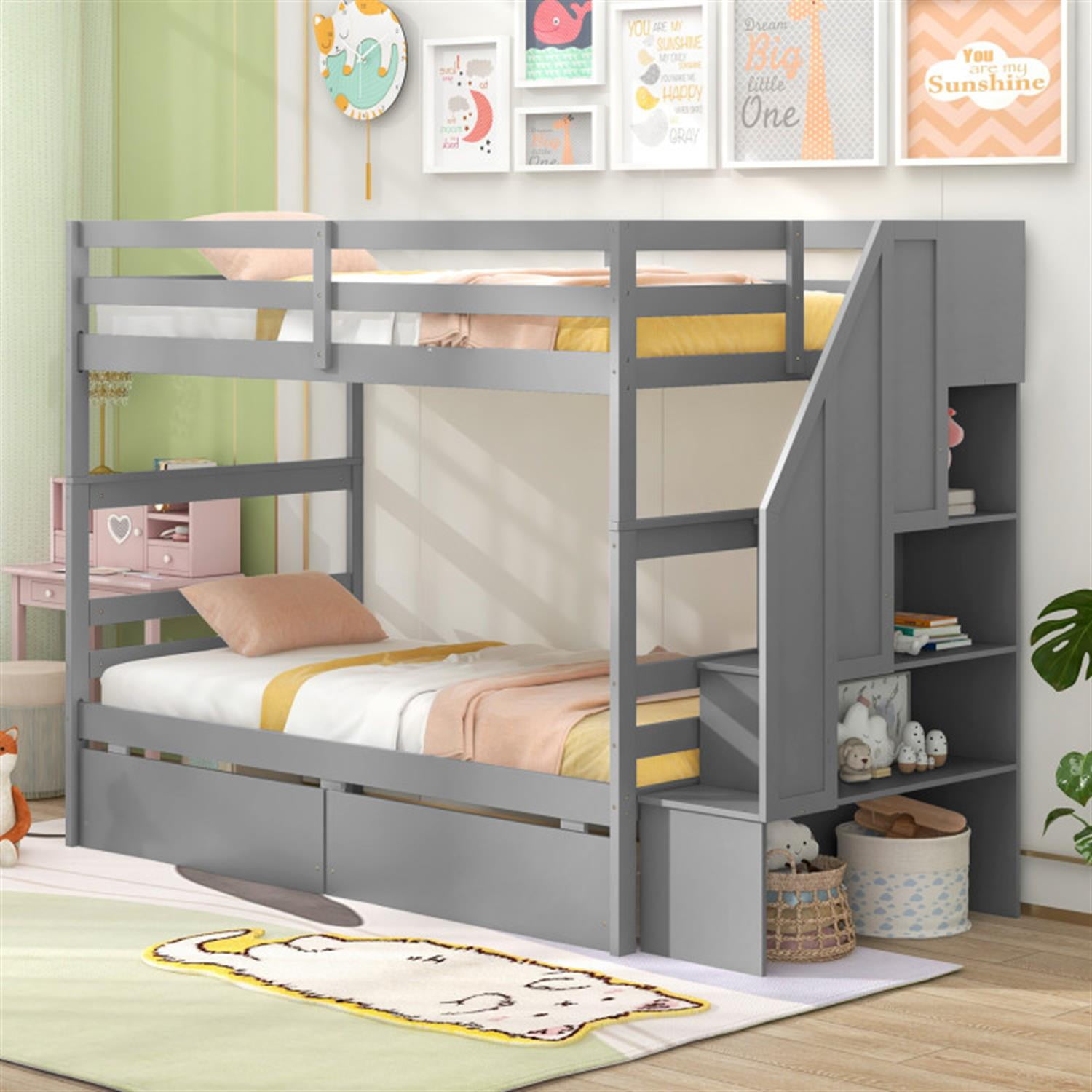 Demi Bonn Twin Over Twin Bunk Bed with Storage Stairs and Drawers, Solid Wood Bunkbeds Frame for Bedroom, No Box Spring Needed, Gray