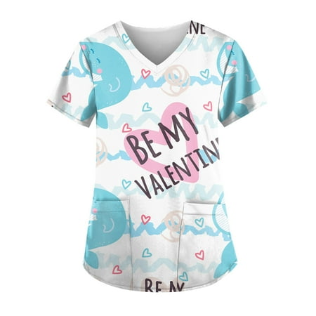

QWERTYU V Neck Scrubs Top for Women Casual Holiday Nursing Scrubs Pockets Short Sleeve T Shirt Professionals Valentine s Day Uniform Sky Blue S