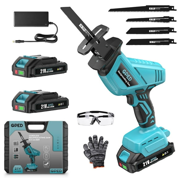 GPED Cordless Reciprocating Saw, 0-3000 SPM, 2 x 2000mAh Batteries Powered, Tool Free Blade Change, LED Light, 4 Saw Blades Kit for Wood/Metal/PVC Cutting, Blue