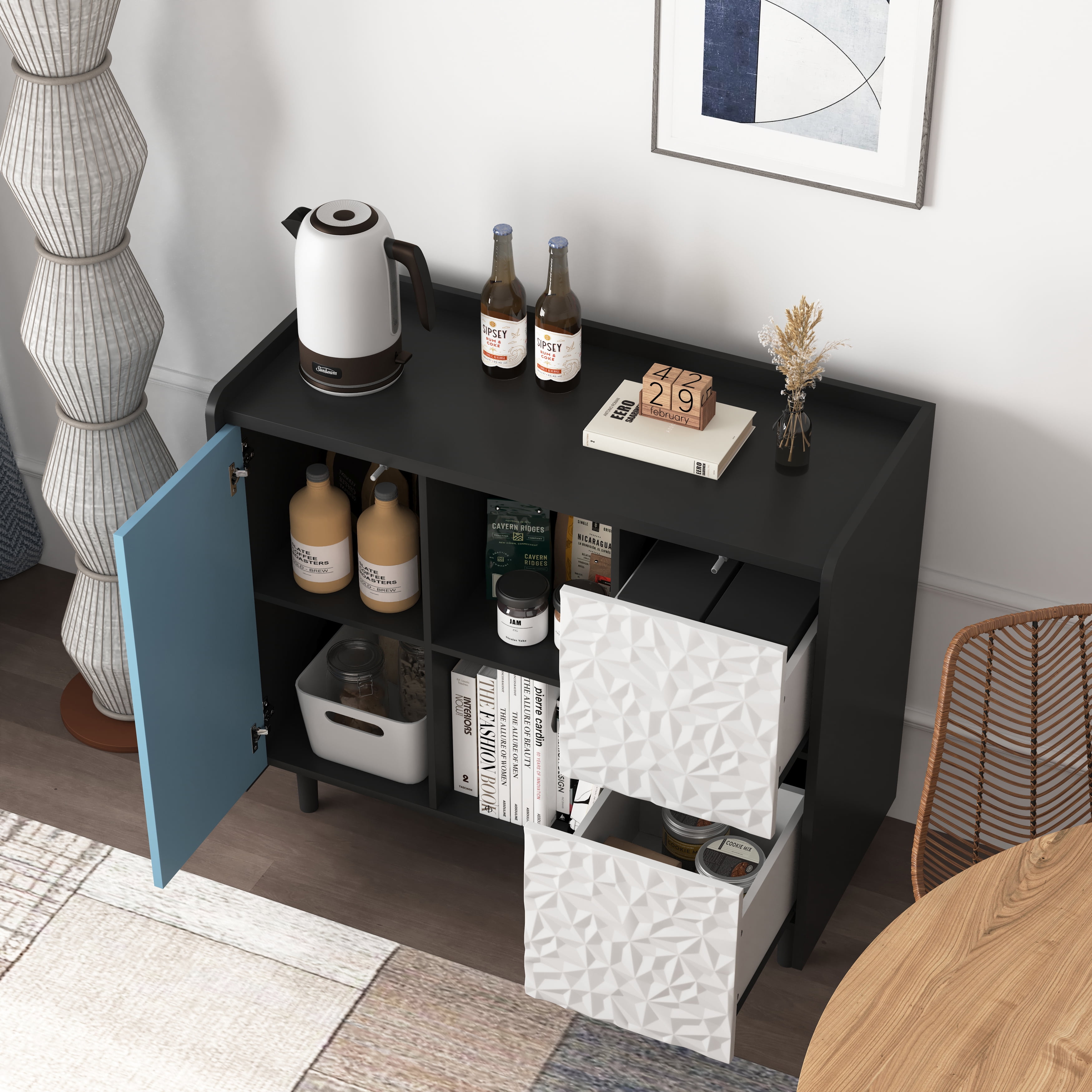 MAYEERTY Black Sideboard Buffet Cabinet with Red Doors, Drawers & Open Storage for Kitchen & Dining Room