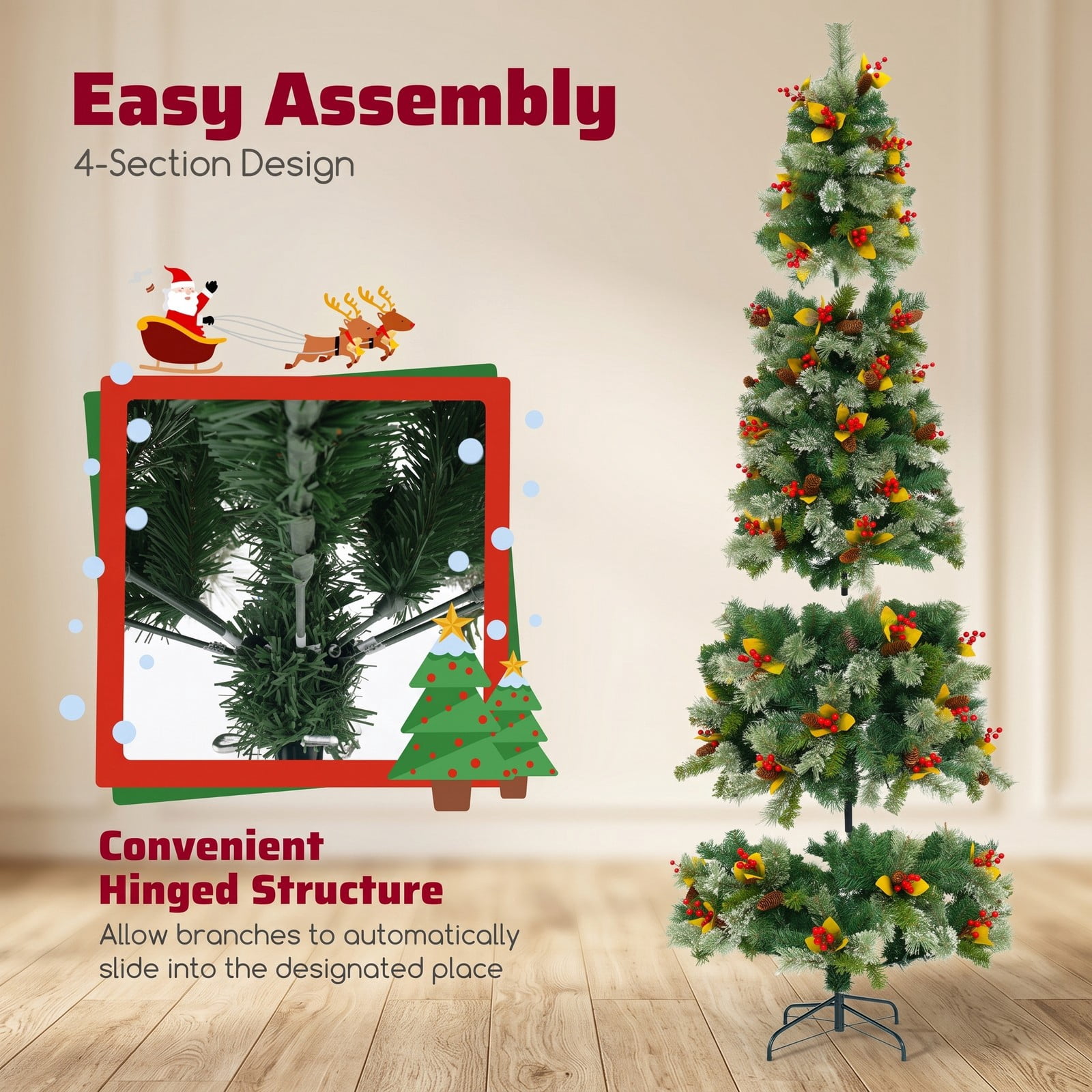 RUIE 7.5 FT Pre-Lit Artificial Christmas Tree with 1096 Branch Tips, 460 Warm White LED Lights, 8 Lighting Modes and Foldable Metal Stand for Indoor Holiday, Green