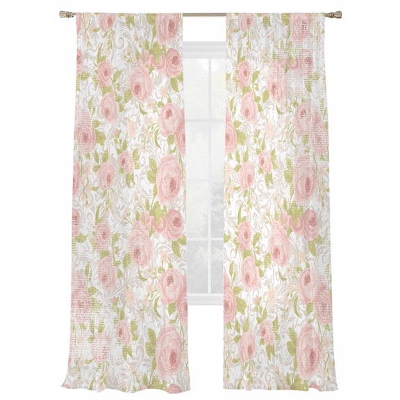 Spring Flowers Sheer Curtains for Living Room Bedroom, Retro Pink White Floral Texture Light Filtering Sheer Curtain Rod Pocket Voile Window Treaments Drapes, 52 x 84 Inches