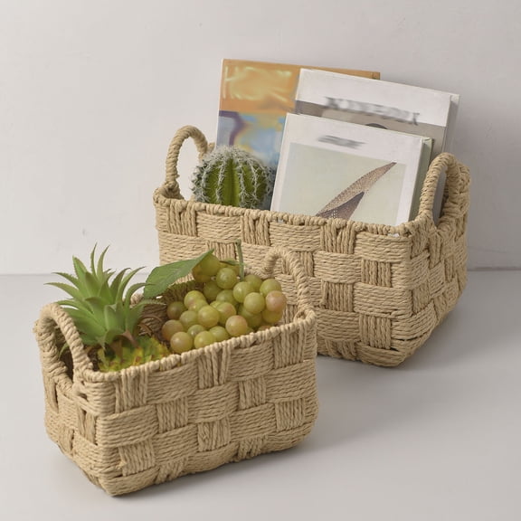 KUNPENG 10in Handwoven Storage Basket for Home Organization, Decorative Woven Bin for Shelves, 10x7x6in Rectangular Sundries Organizer for Bathroom Nursery Living Room, Small Decorative Caddy