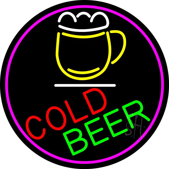 Cold Beer And Mug Oval With Pink Border LED Neon Sign 26 x 26 - inches, Clear Edge Cut Acrylic Backing, with Dimmer - Bright and Premium built indoor LED Neon Sign for Bar decor.