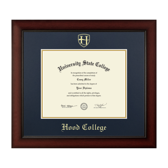 Framerly - Hood College 10w x 8h Diploma Frame - Gold Embossed Diploma Frame - Cherry Moulding with Navy and Gold Matting