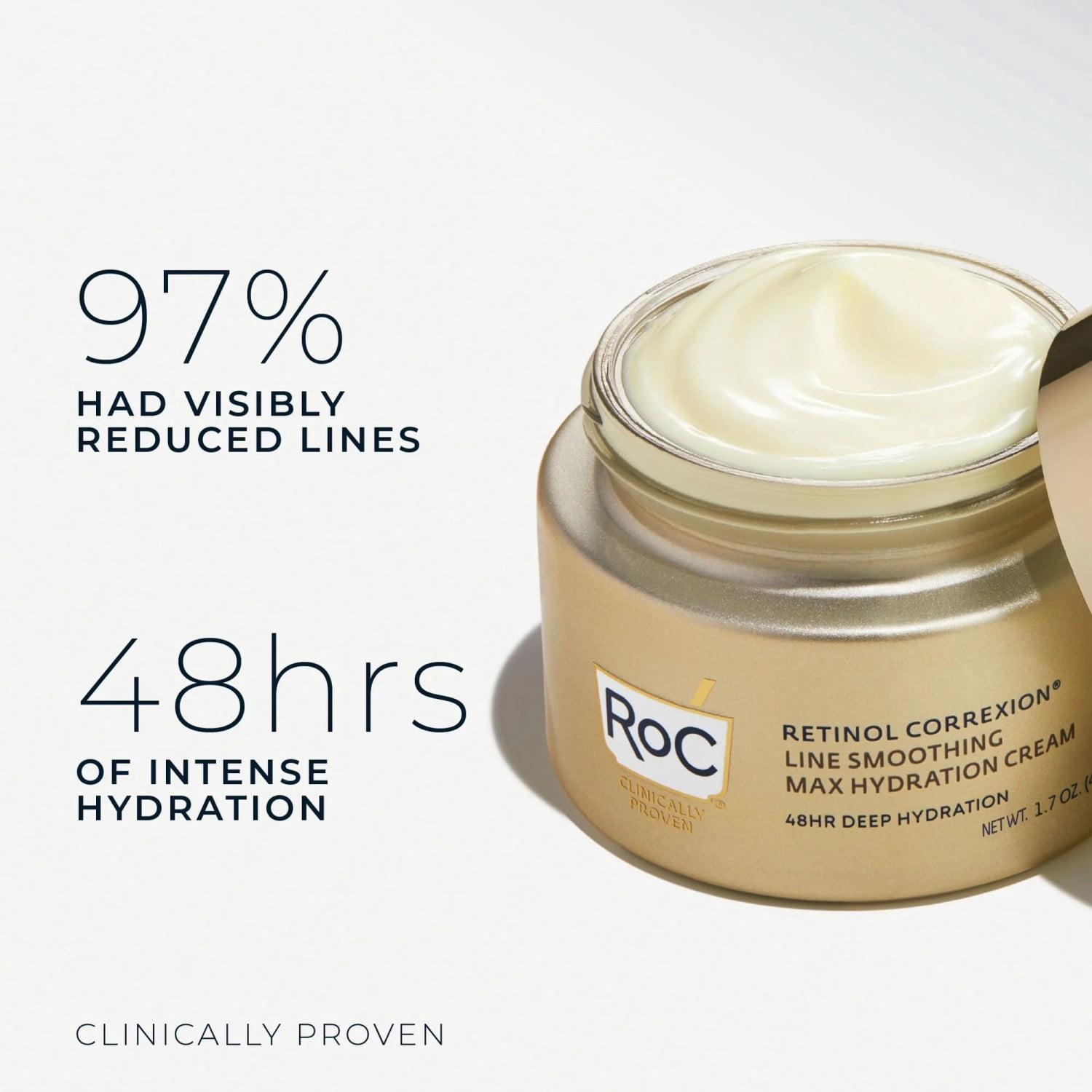 RoC Retinol Correxion Line Smoothing Max Hydration Cream, Clinical Retinol + Hyaluronic Acid, Fragrance-Free Face & Neck Moisturizer, 48-Hour Hydration, 1.7 oz