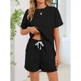 thumbnail image 4 of Women Casual 2 Piece Outfits Sweatsuits Summer Short Sleeve Loungewear Tracksuit Round Neck Lounge Shorts Sets Black XXL, 4 of 10