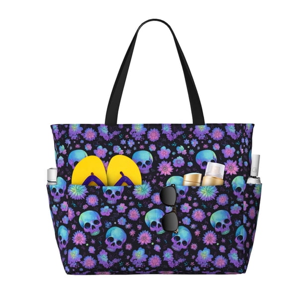 Easygdp purple Skull flower Bolsa de Viaje de Playa de Gran Capacidad, Bolsa Tote Perfecta para la Playa, Escapadas de Fin de Semana y Viajes