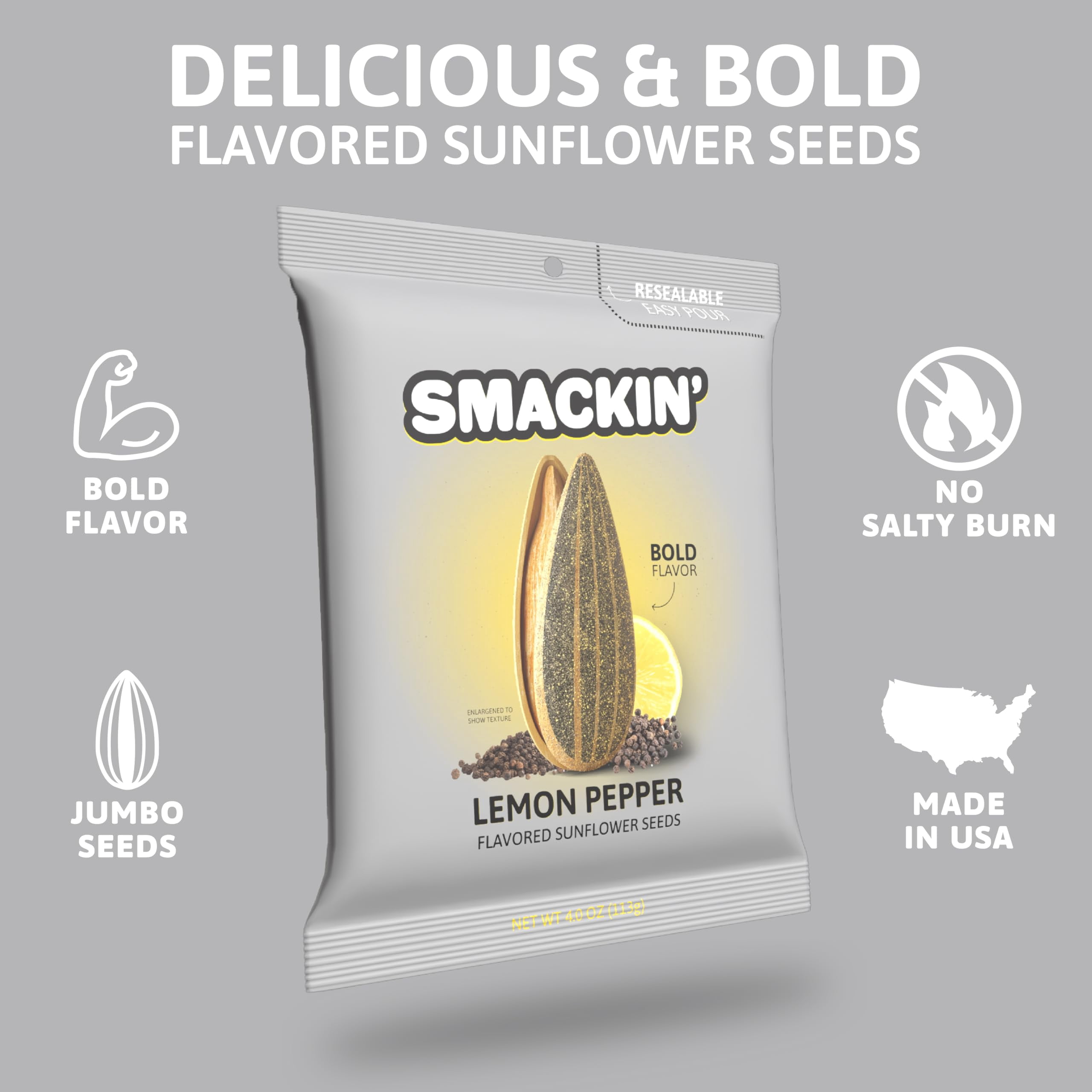 SMACKIN' - Jumbo Roasted Sunflower Seeds, No Salty Burn, American Made, Easy Pour & Seal - Lemon Pepper, 4oz bag (12 Bags)