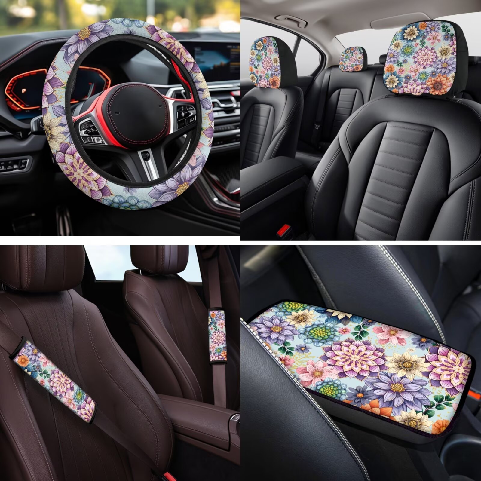 Binienty Bohemian Mandala Car Seat Covers Full Set 14 PCS Front Rear Automotive Seat Covers with Steering Wheel Cover Headrest Protectors Armrest Pad Universal Fit Auto Interior Set​