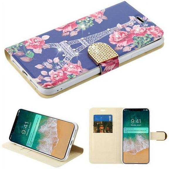Apple iPhone Xs Max (6.5 Inch) - Phone Case Leather Flip Wallet Case Cover Stand Pouch Book Magnetic Buckle Eiffel Twillight Diamante Bling Phone Case for Apple iPhone Xs Max