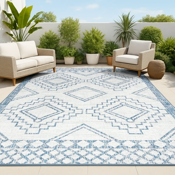 JONATHAN Y SANTA MONICA 4 x 6 Area Rug, Marokko Diamond Tribal Medallion - Ivory/Blue, SMB127C-4