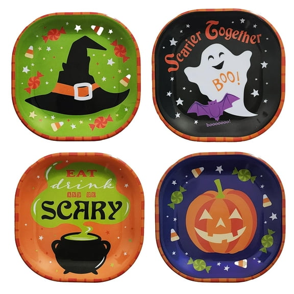 Kane Halloween Melamine Appetizer Plates, Set of 4 – 8 inch, Pumpkin Ghost Witch Hat & Cauldron