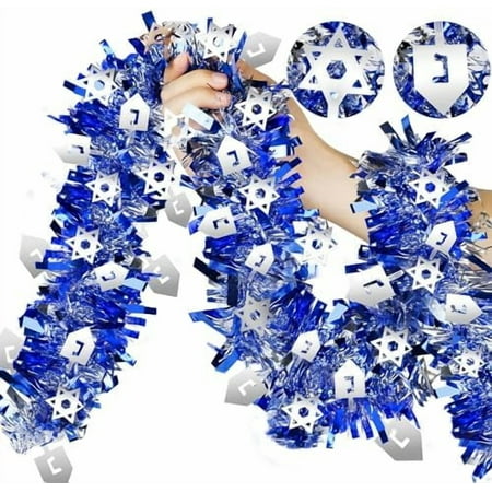 2-Pack Blue & Silver Hanukkah Tinsel Garland, 36ft with Dreidel & Star of David ornaments for indoor/outdoor decor.