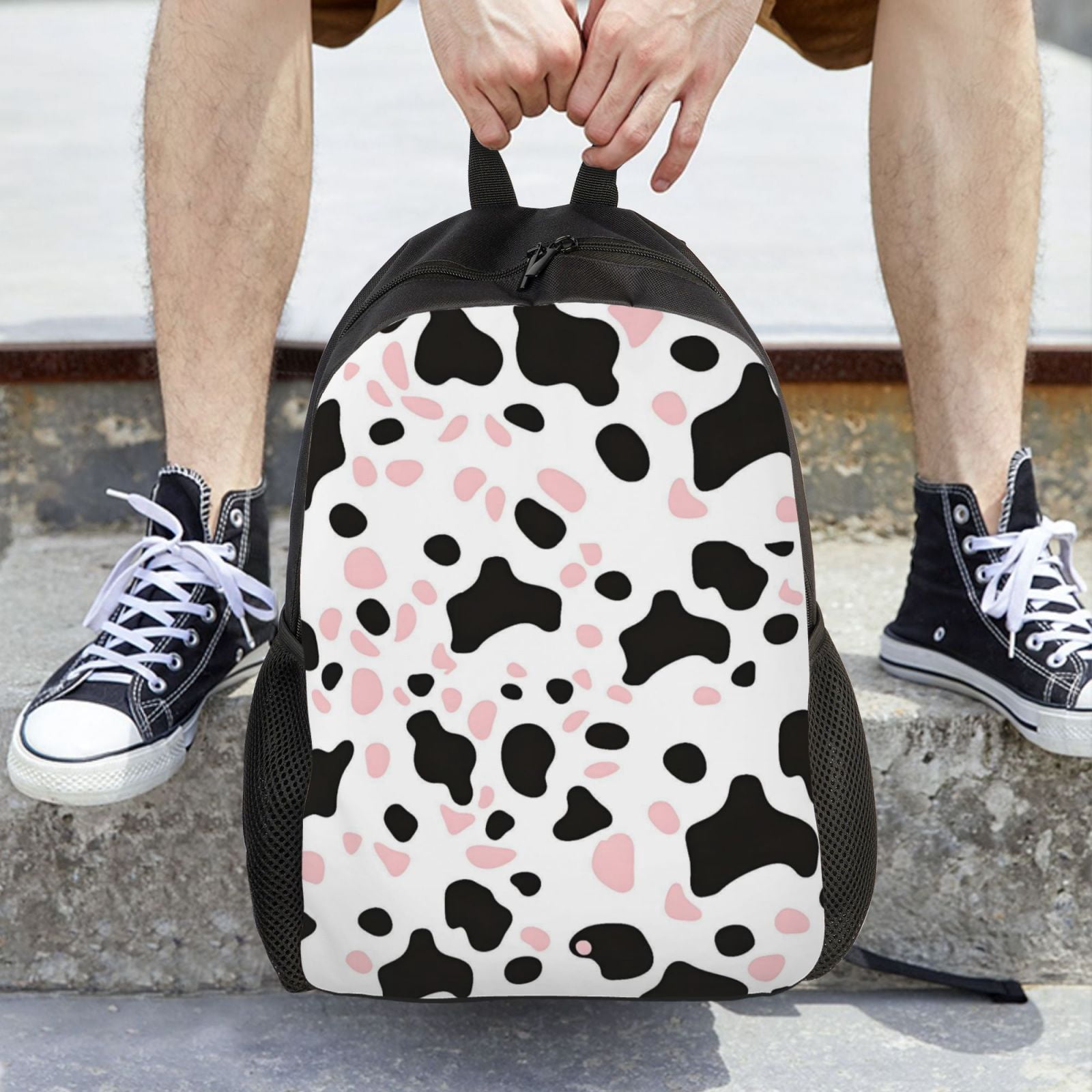 Single Side Full Backpack 16.1×11.8×4.5in Large Capacity Breathable Shoulder Belt Leisure Simple And Strong Bearing Capacity Simple Cow Print Pattern White Background, Pink And White_1