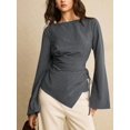 thumbnail image 5 of Women's Boat Neck Striped Tie Wrap Waist Irregular Flare Long Sleeve Shirt Blouse Gray M, 5 of 8