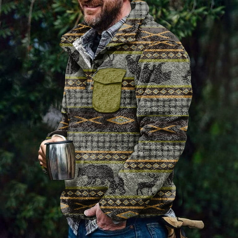 UFOUND Men Sweatshirt Fall Winter Long Sleeve Sweatshirt Flannel Retro Ethnic Style Print O Neck Button Pocket Sweatshirt Tops Pullover Relaxed Fit Outwear Walmart