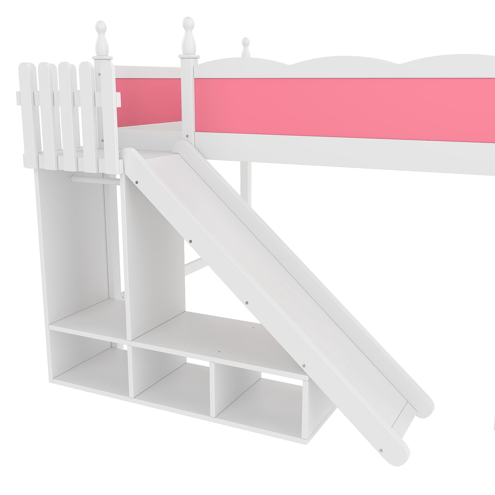 Leumius Queen Loft Bed Frame with Storage Shelves and Wardrobe, Solid Wood Loft Bed with Detachable Slide and Ladders for Kids Teens Adults Pink and White