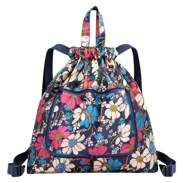 Travel Backpack Large Capacity Drawstring Nylon Print Foldable Organizer Multifunctional Bag Portable Lightweight for Office Gym, Foldable Lightweight Nylon Fabric, Adjustable Shoulder