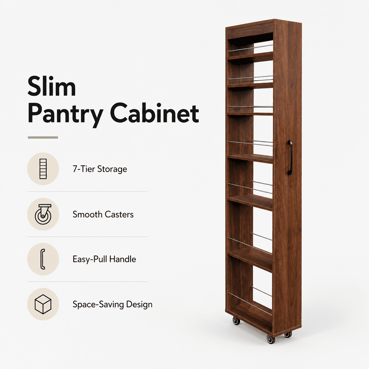 Aukfa 7-Tier Slim Rolling Pantry Cabinet, 70.7" Narrow Pull-Out Kitchen Storage Cart with Handle and Casters,Walnut