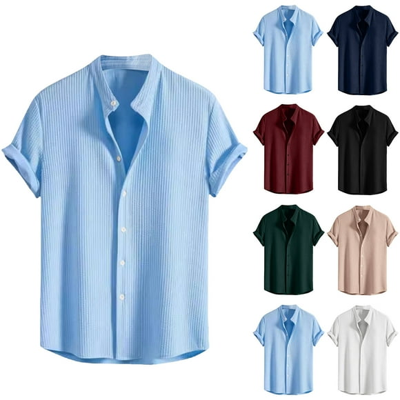 QIPOPIQ Men's Wrinkle Textured Button Down Shirts Short Sleeves Casual Summer Beach Shirt Hawaiian Shirts Clearance