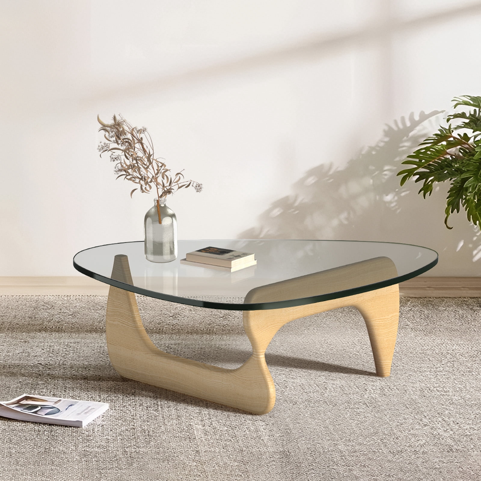 Cottinch 50" Triangle Glass Coffee Table with Wood Base for Living Room Office, Light Walnut, Natural Wood
