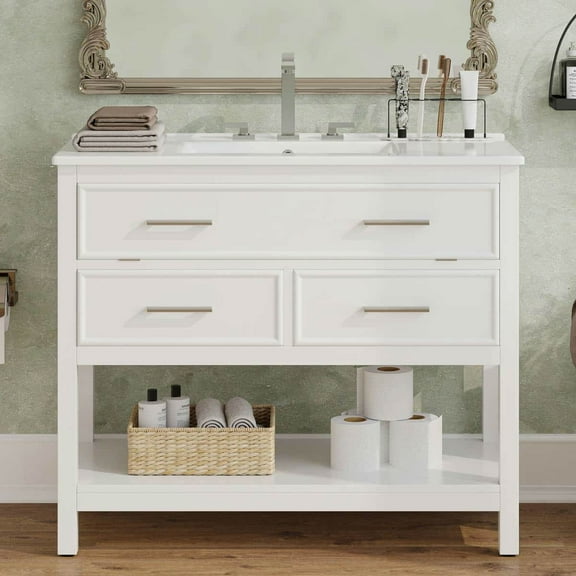 Kadyn Modern Bathroom Vanity,Bathroom Cabinet,36" Bathroom Vanity with Ceramic Sink, Bathroom Vanity with Tip-Out Tray and 2 Full-Extension Drawers, White
