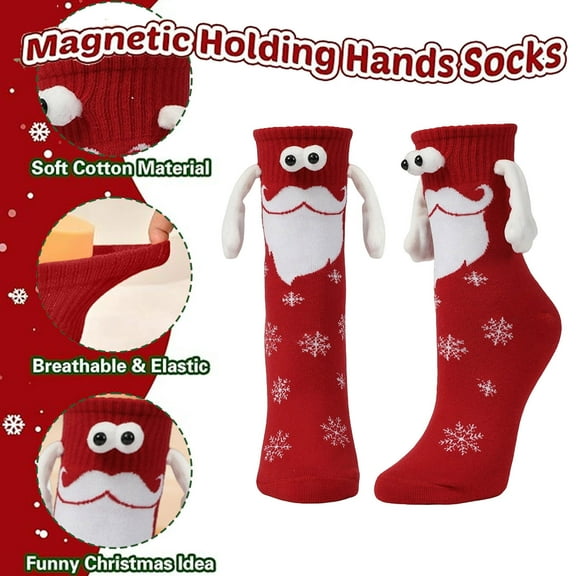 Sunvit-Panties Unisex Magnetic Hand-Holding Christmas Socks - Crew Length, Santa Design with 3D Googly Eyes, Red, One Size for Adults/Teens, Holiday Stocking Stuffer,Size Free Size