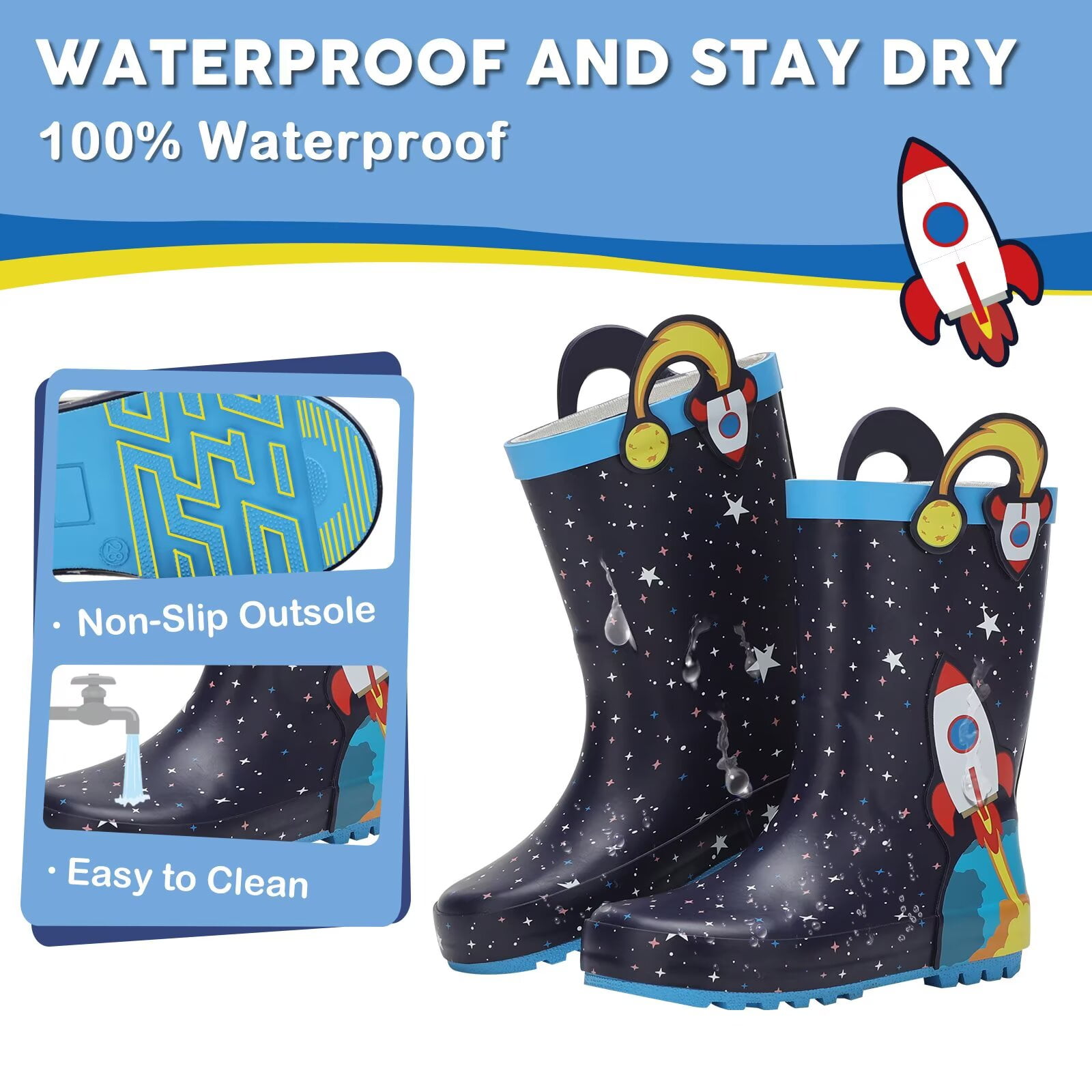 FUNCOO PLUS Toddler Rubber Rain Boots Kids Waterproof Boots for Boys, Rocket, Size 8