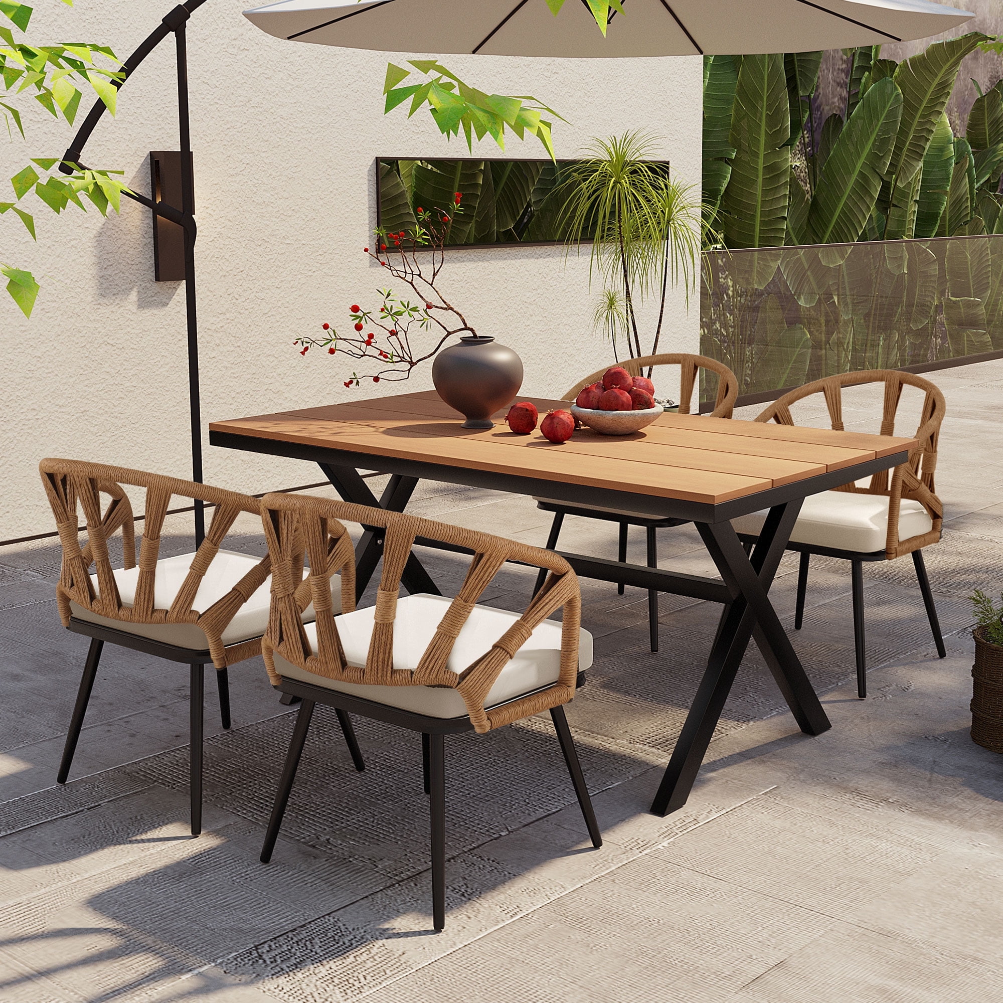 Highsound Outdoor Dining Set with Plastic Wood Table & 4 Chairs, Weather-Resistant Patio Furniture for Garden, Lawn, Dark Yellow