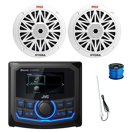 JVC KD-MR305BTS Marine Gauge Style Bluetooth AM/FM/Weatherband Radio Receiver, 2x 6.5'' 200 Watt 2-Way Full Range Outdoor Speakers with Wire, Long Range Radio Antenna
