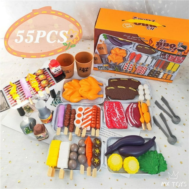 CNKOO 80PCS Simulation Kitchen Toys For Children Cookware Bbq Pretend Cooking Play Miniature Food Kids Barbecue Set Educational Toy 27PCS(No Grill)