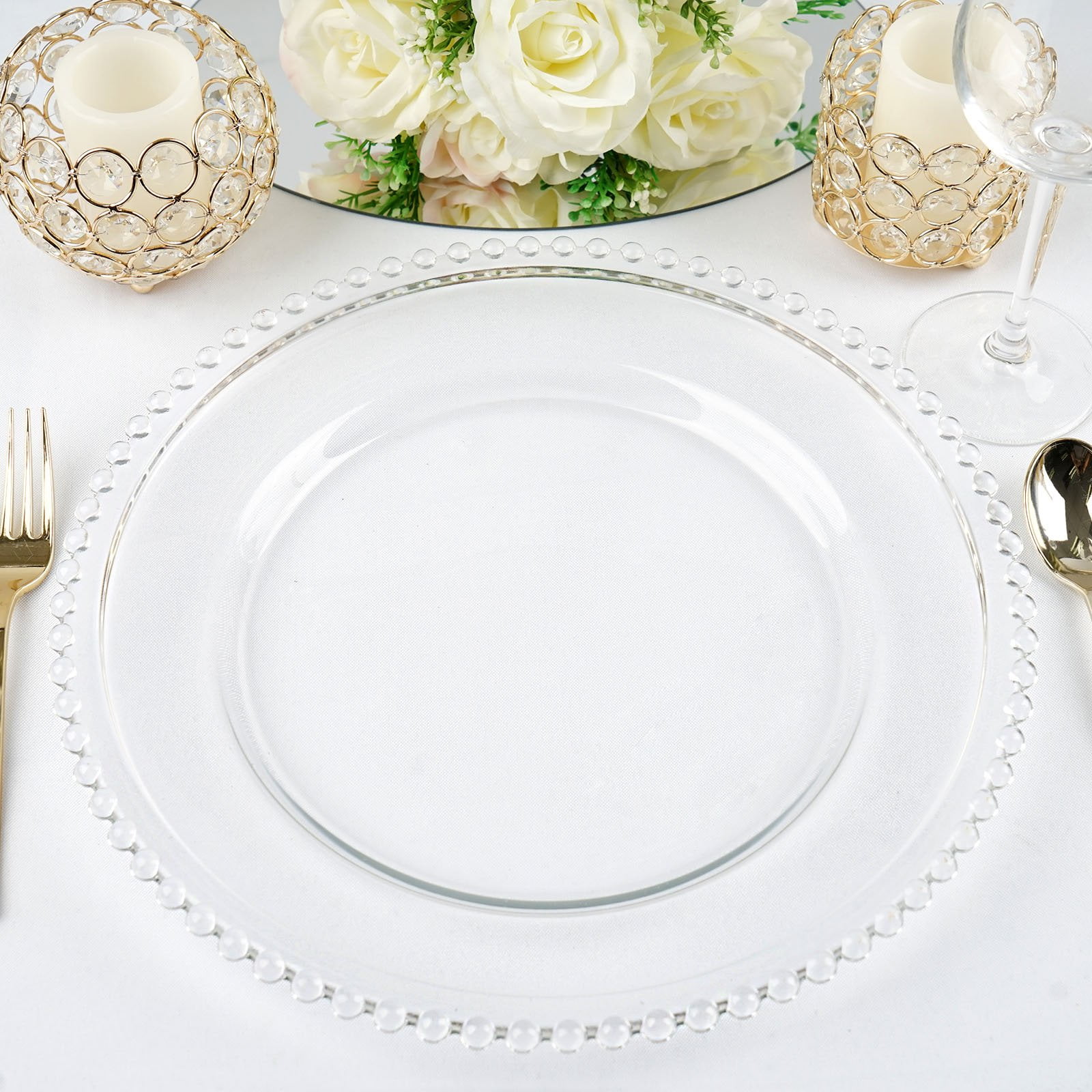 BalsaCircle 8 pcs 12-Inch Clear Glass Charger Plates with Clear Beaded ...